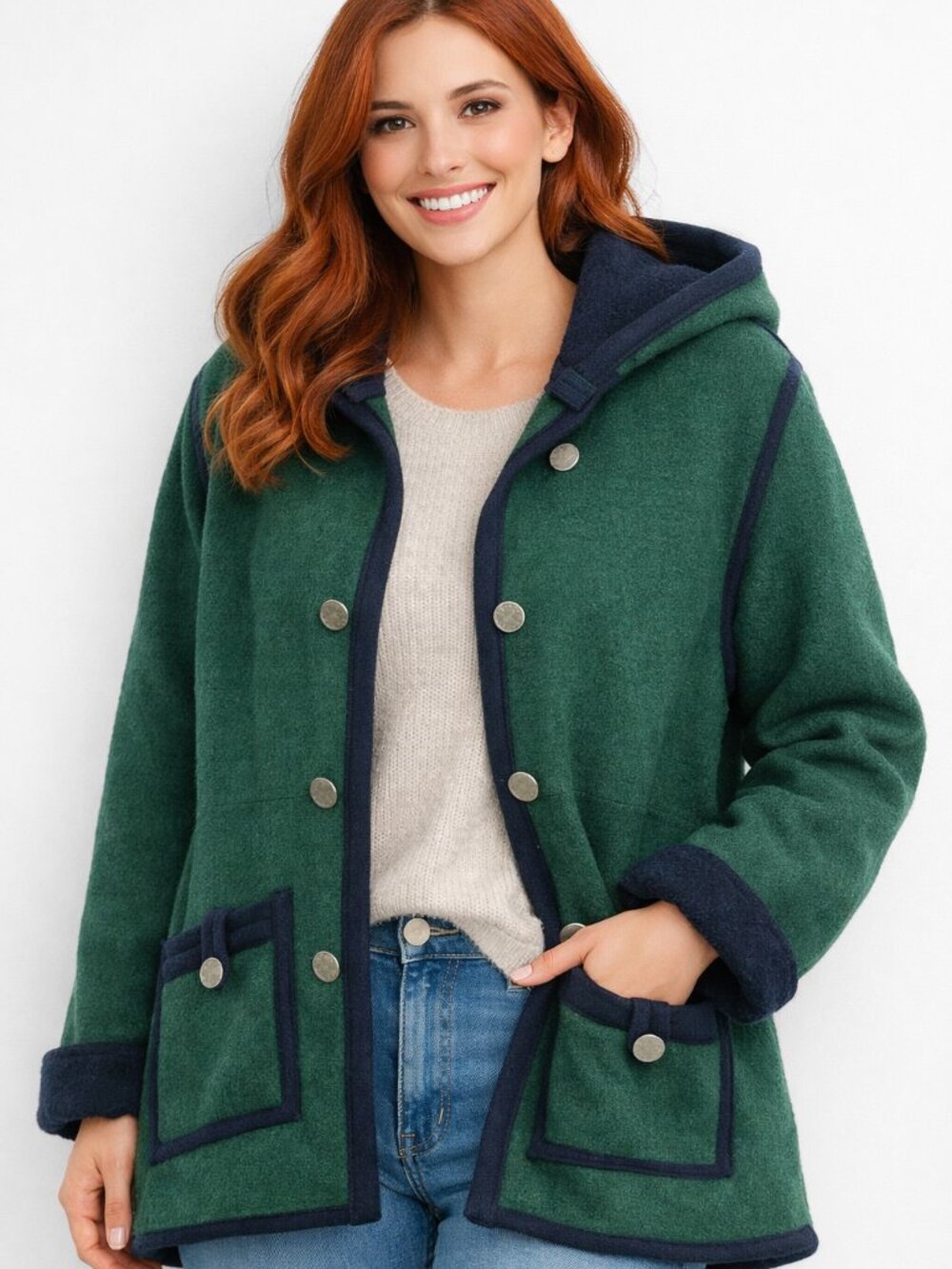 Geiger Austria Vintage Hooded Boiled Wool Coat Spruce&Navy Trim Alpine Buttons